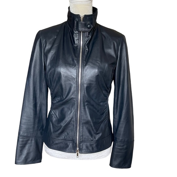 Lafayette 148 New York Women’s Lambskin Leather Moto Ruched Jacket Size 6 - Picture 1 of 10